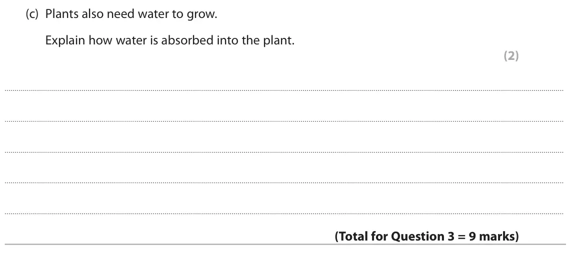 June 2025 Paper 2 Higher, question 3(c): Plants also need water to grow. Explain how water is absorbed into the plant. (2)