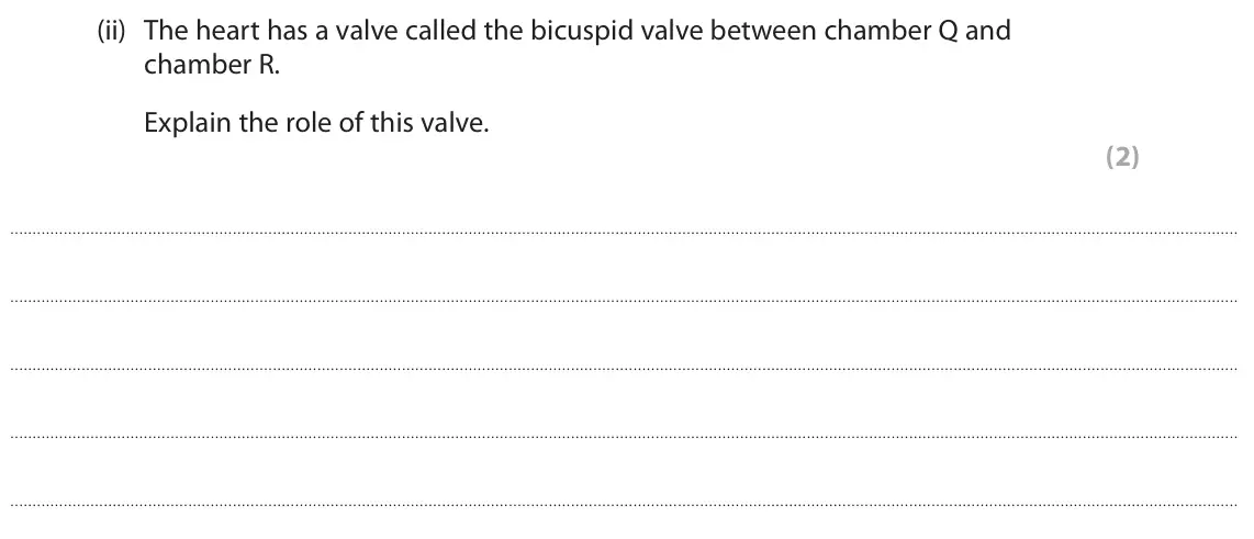 June 2025 Paper 2 Higher, question 8(a)(ii): The heart has a valve called the bicuspid valve between chamber Q and chamber R. Explain the role of this valve. (2)