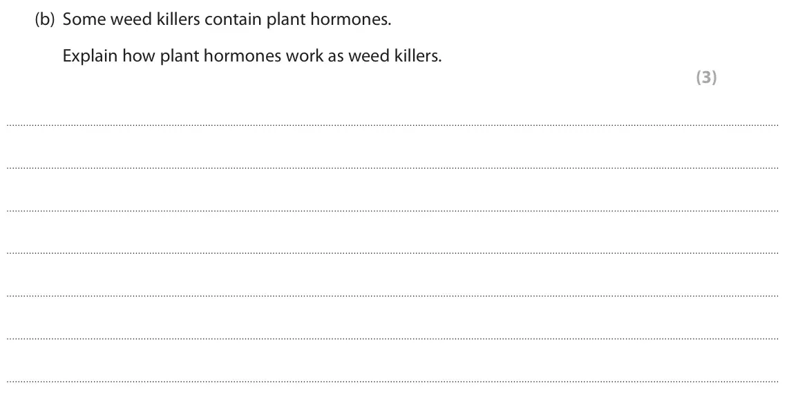 November 2020 Paper 2 Higher, question 7(b): Some weed killers contain plant hormones. Explain how plant hormones work as weed killers. (3)