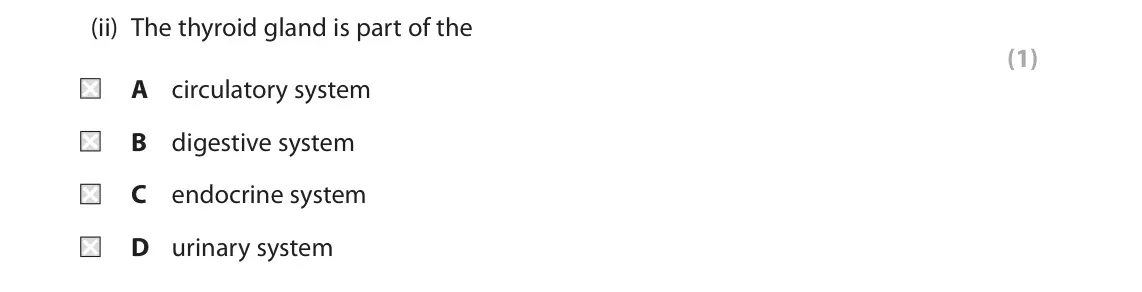 November 2020 Paper 2 Higher, question 9(a)(ii): The thyroid gland is part of the (1) A circulatory system B digestive system C endocrine system D urinary system