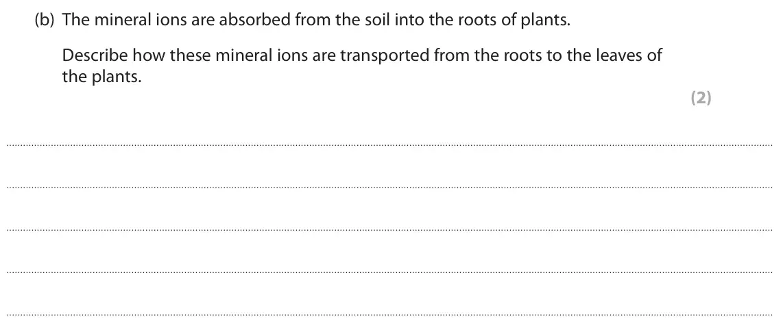 November 2021 Paper 2 Higher, question 2(b): The mineral ions are absorbed from the soil into the roots of plants. Describe how these mineral ions are transported from the roots to the leaves of the plants