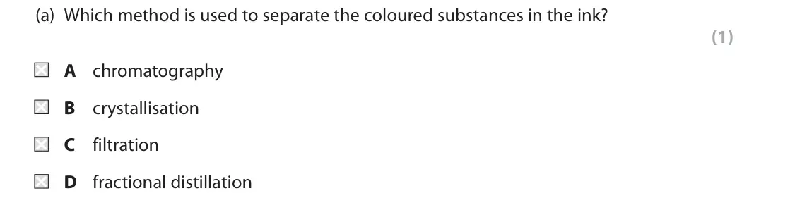June 2018 Paper 1 Foundation, question 6(a): Which method is used to separate the coloured substances in the ink? (1) A chromatography B crystallisation C filtration D fractional distillation