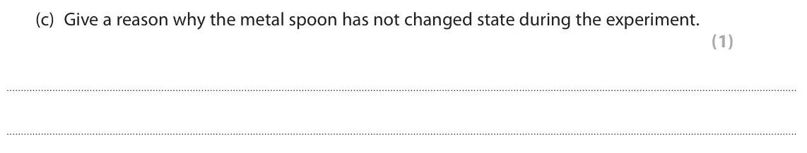 June 2022 Paper 1 Foundation, question 2(c): Give a reason why the metal spoon has not changed state during the experiment. (1)