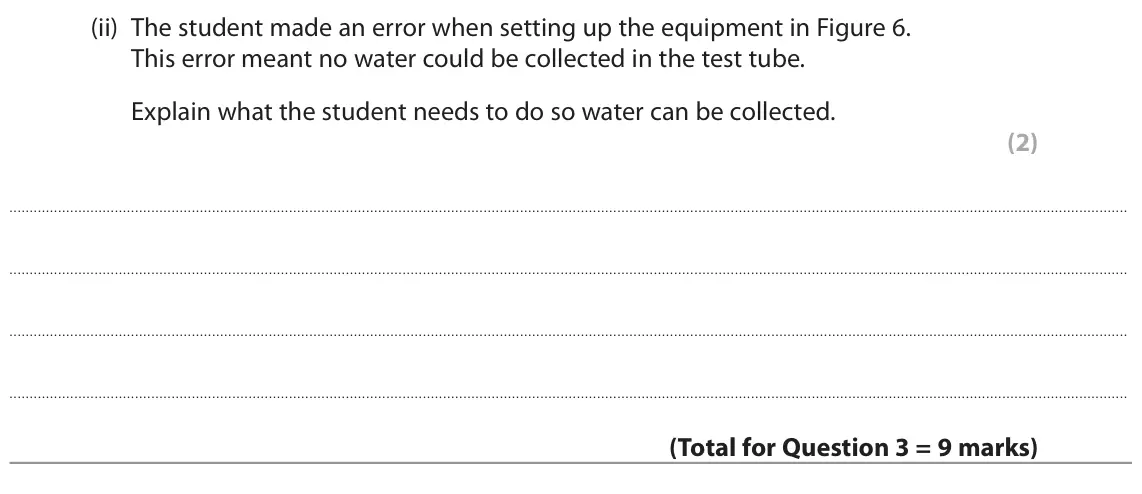 June 2022 Paper 1 Foundation, question 3(b)(ii): The student made an error when setting up the equipment in Figure 6. This error meant no water could be collected in the test tube. Explain what the student nee