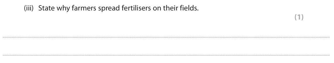 June 2023 Paper 1 Foundation, question 7(a)(iii): State why farmers spread fertilisers on their fields. (1)