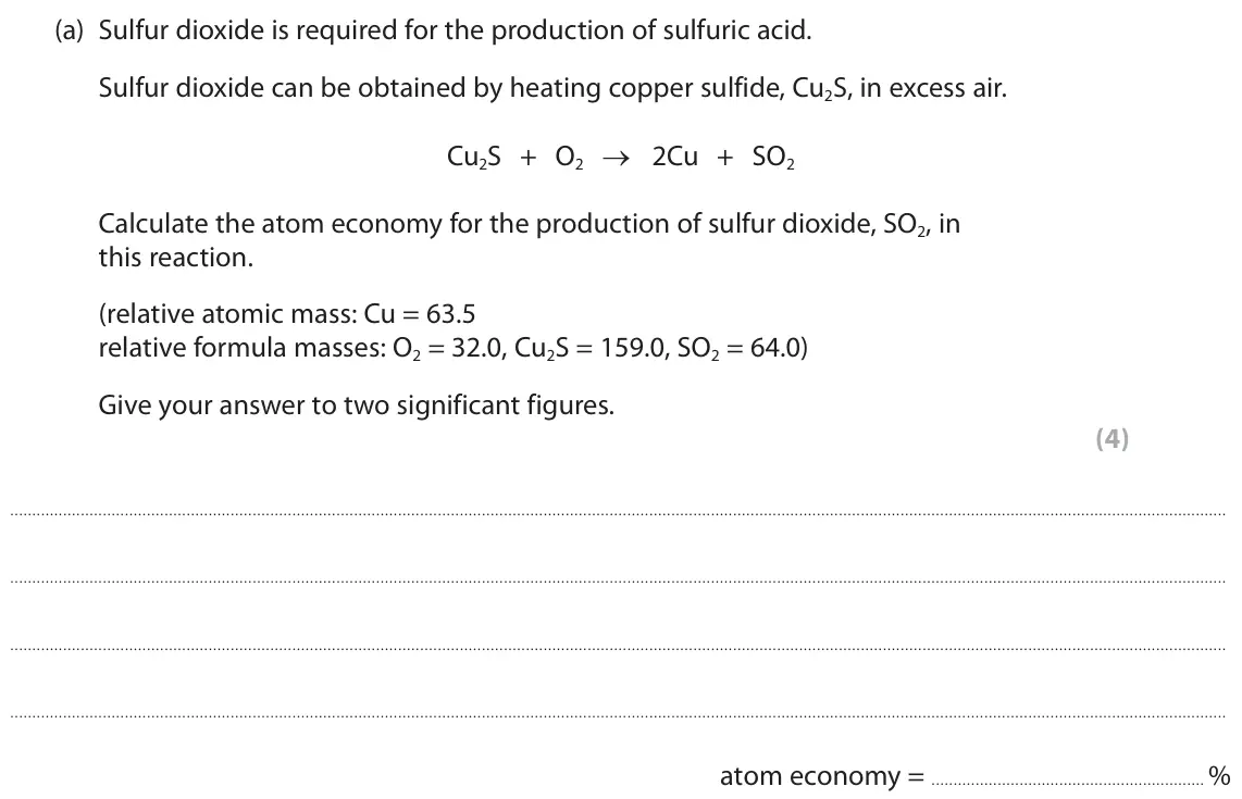 June 2023 Paper 1 Foundation, question 10(a): Sulfur dioxide is required for the production of sulfuric acid. Sulfur dioxide can be obtained by heating copper sulfide, Cu2S, in excess air. Cu2S + O2 → 2Cu +