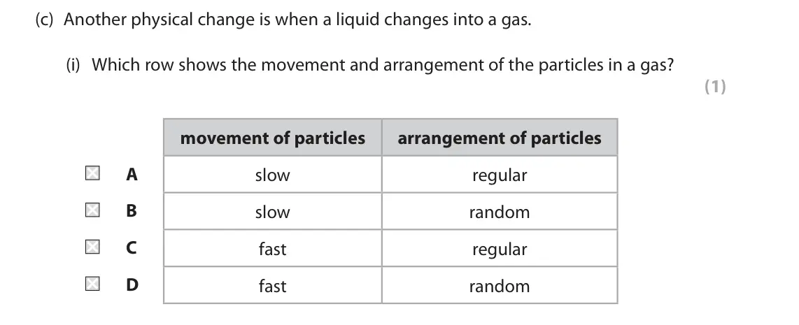 June 2024 Paper 1 Foundation, question 1(c)(i): Which row shows the movement and arrangement of the particles in a gas? (1) movement of particles arrangement of particles A slow regular B slow random C fast r