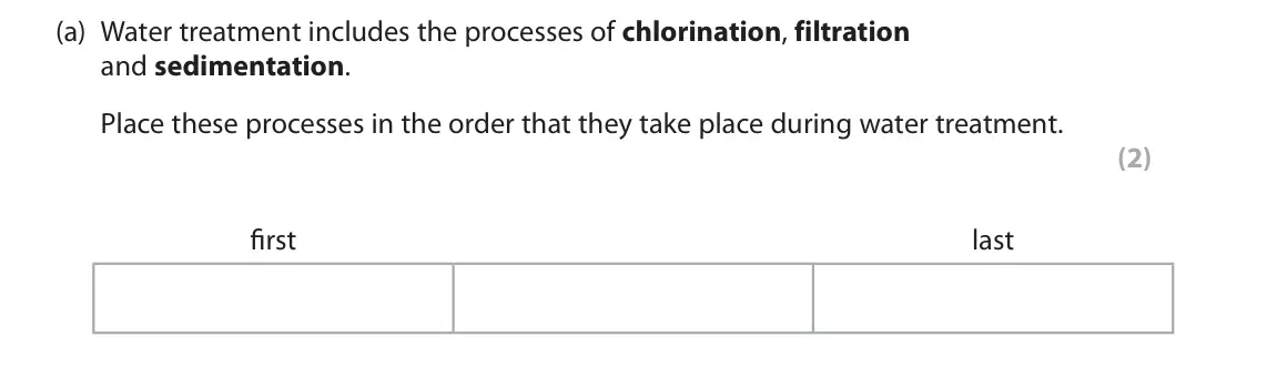 June 2024 Paper 1 Foundation, question 3(a): Water treatment includes the processes of chlorination, filtration and sedimentation. Place these processes in the order that they take place during water treat