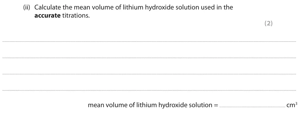 June 2024 Paper 1 Foundation, question 4(b)(ii): Calculate the mean volume of lithium hydroxide solution used in the accurate titrations. (2) mean volume of lithium hydroxide solution = cm3