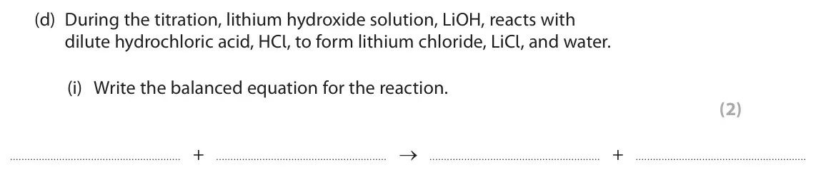 June 2024 Paper 1 Foundation, question 4(d)(i): Write the balanced equation for the reaction. (2) + → +