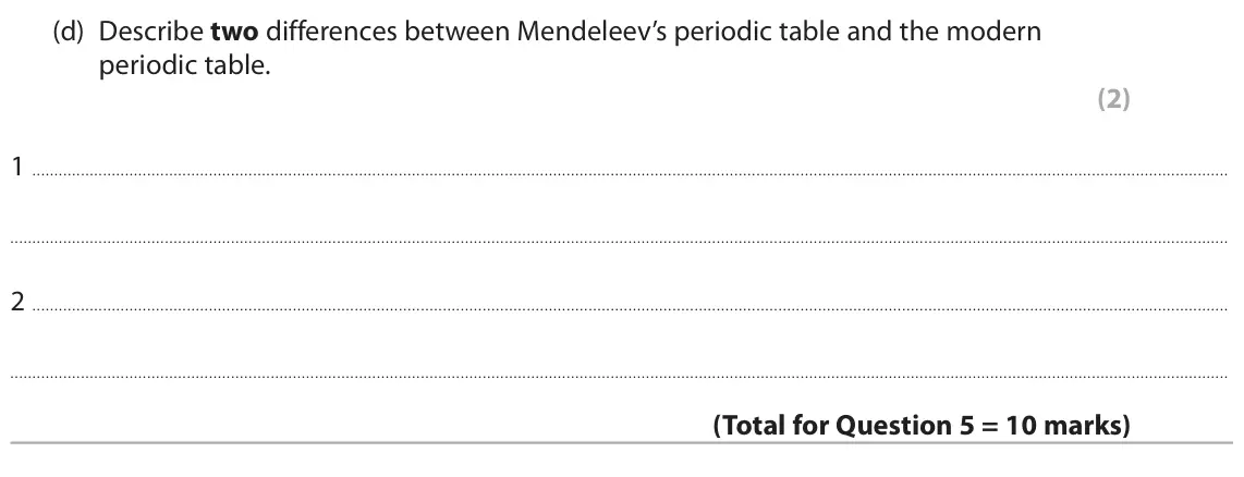 June 2024 Paper 1 Foundation, question 5(d): Describe two differences between Mendeleev’s periodic table and the modern periodic table. (2) 1 2
