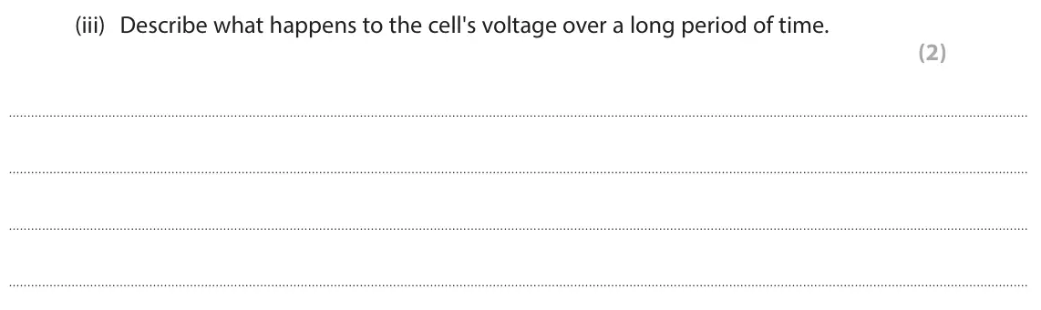 June 2025 Paper 1 Foundation, question 2(a)(iii): Describe what happens to the cell's voltage over a long period of time. (2)