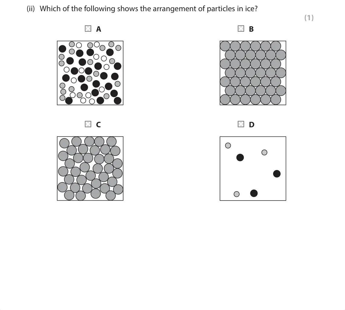 June 2025 Paper 1 Foundation, question 3(a)(ii): Which of the following shows the arrangement of particles in ice? (1) A B C D