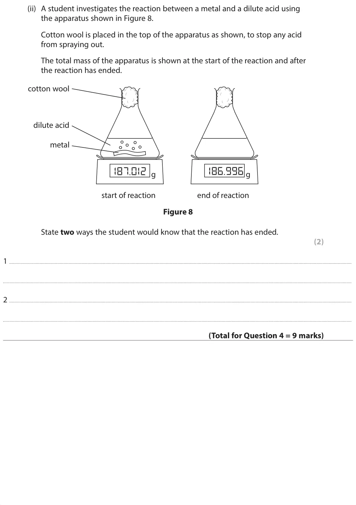 June 2025 Paper 1 Foundation, question 4(c)(ii): A student investigates the reaction between a metal and a dilute acid using the apparatus shown in Figure 8. Cotton wool is placed in the top of the apparatus a