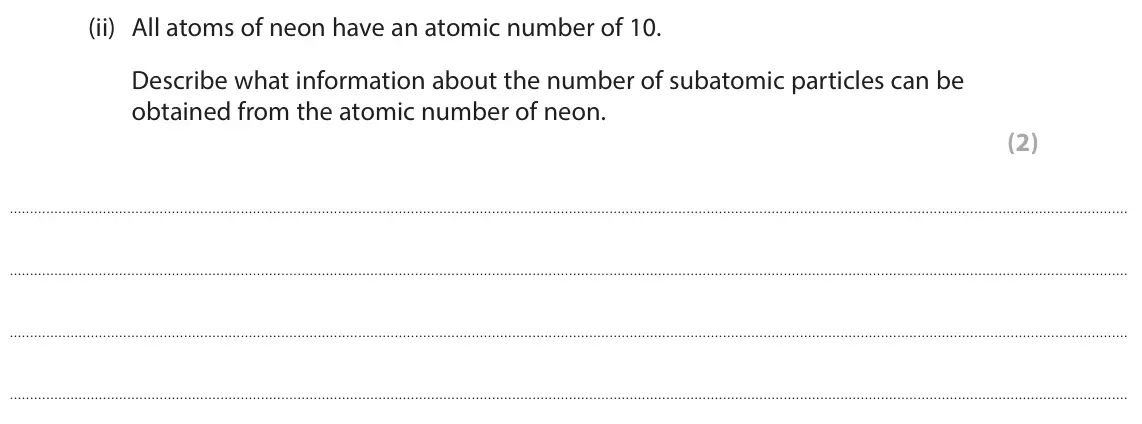 June 2025 Paper 1 Foundation, question 8(a)(ii): All atoms of neon have an atomic number of 10. Describe what information about the number of subatomic particles can be obtained from the atomic number of neon.