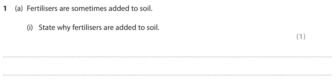 November 2021 Paper 1 Foundation, question 1(a)(i): State why fertilisers are added to soil. (1)