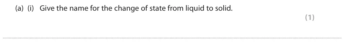 November 2021 Paper 1 Foundation, question 2(a)(i): Give the name for the change of state from liquid to solid. (1)