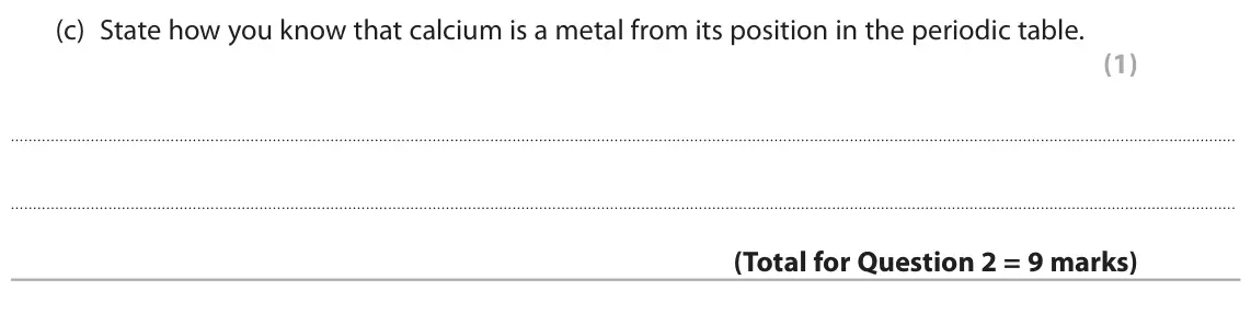 November 2021 Paper 1 Foundation, question 2(c): State how you know that calcium is a metal from its position in the periodic table. (1)