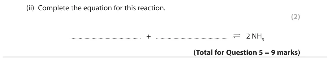 November 2021 Paper 1 Foundation, question 5(d)(ii): Complete the equation for this reaction. (2) 2 NH3 + 