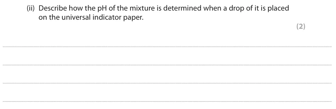 June 2022 Paper 1 Higher, question 2(b)(ii): Describe how the pH of the mixture is determined when a drop of it is placed on the universal indicator paper. (2)
