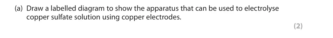 June 2022 Paper 1 Higher, question 5(a): Draw a labelled diagram to show the apparatus that can be used to electrolyse copper sulfate solution using copper electrodes. (2)