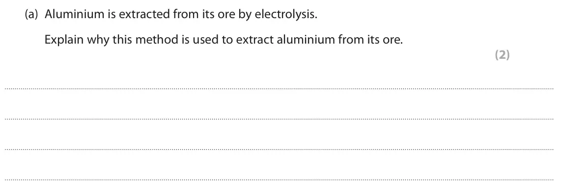 June 2022 Paper 1 Higher, question 6(a): Aluminium is extracted from its ore by electrolysis. Explain why this method is used to extract aluminium from its ore. (2)
