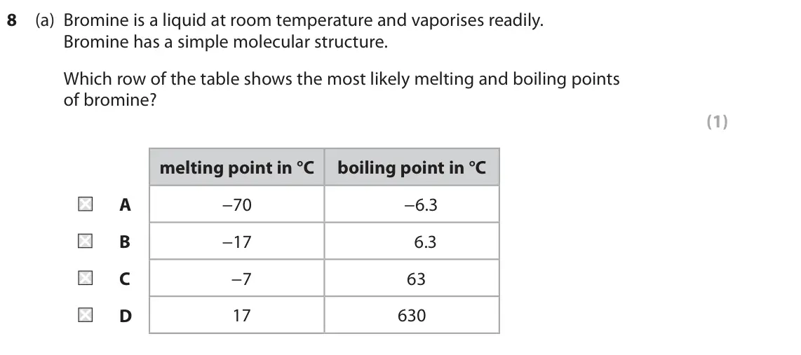 June 2022 Paper 1 Higher, question 8(a): Bromine is a liquid at room temperature and vaporises readily. Bromine has a simple molecular structure. Which row of the table shows the most likely melting an