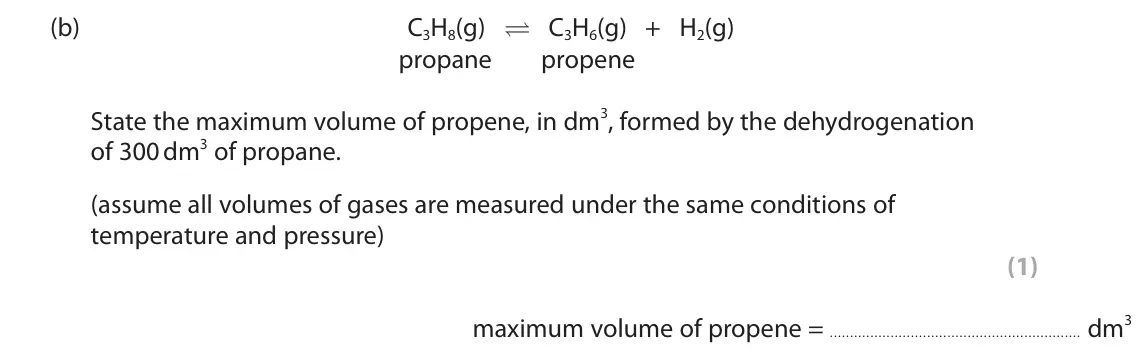 June 2022 Paper 1 Higher, question 10(b): C3H8(g) C3H6(g) + H2(g) propane propene State the maximum volume of propene, in dm3, formed by the dehydrogenation of 300 dm3 of propane. (assume all volumes