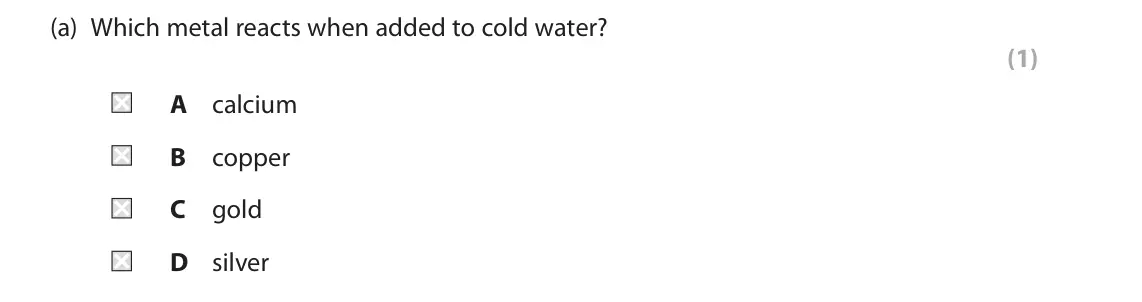 June 2023 Paper 1 Higher, question 3(a): Which metal reacts when added to cold water? (1) A calcium B copper C gold D silver