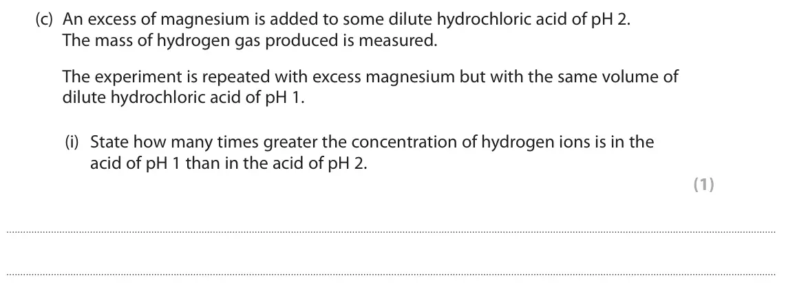 June 2023 Paper 1 Higher, question 3(c)(i): State how many times greater the concentration of hydrogen ions is in the acid of pH 1 than in the acid of pH 2. (1)