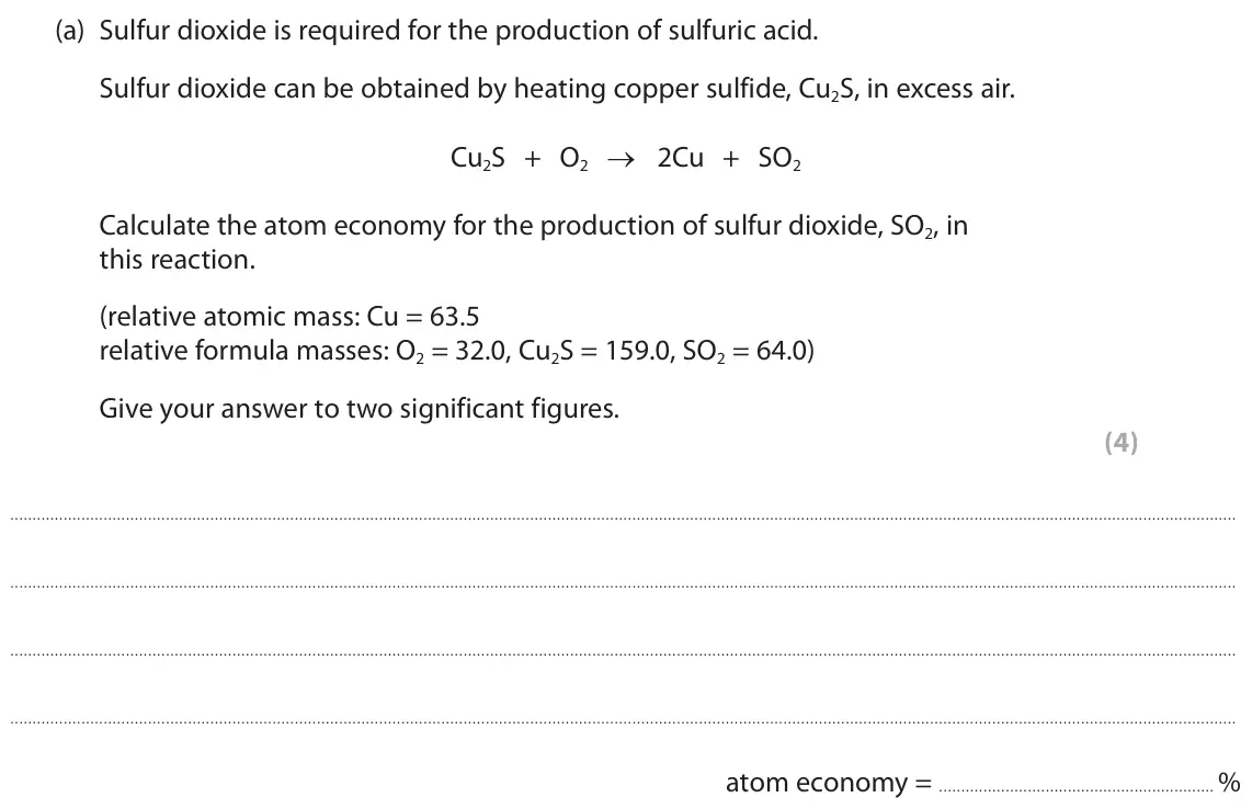 June 2023 Paper 1 Higher, question 4(a): Sulfur dioxide is required for the production of sulfuric acid. Sulfur dioxide can be obtained by heating copper sulfide, Cu2S, in excess air. Cu2S + O2 → 2Cu +