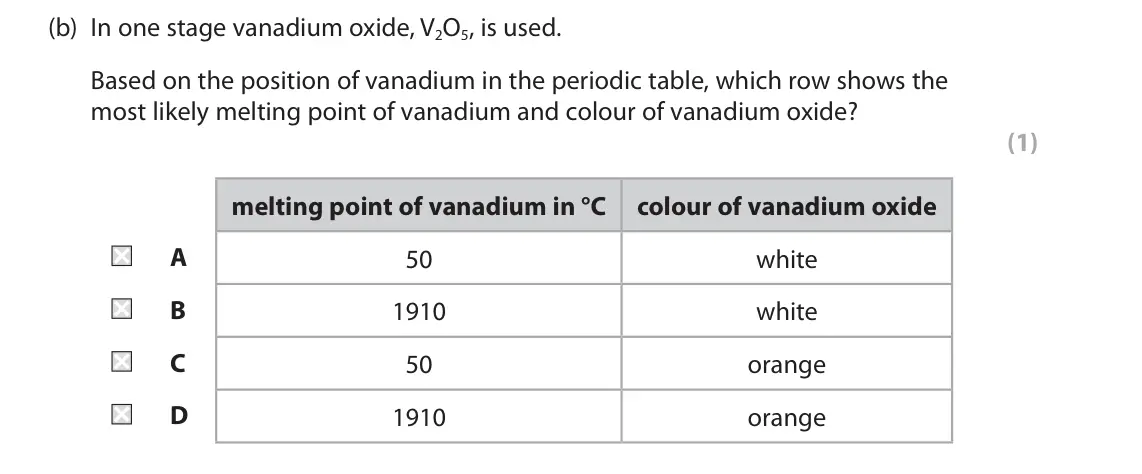 June 2023 Paper 1 Higher, question 4(b): In one stage vanadium oxide, V2O5, is used. Based on the position of vanadium in the periodic table, which row shows the most likely melting point of vanadium a