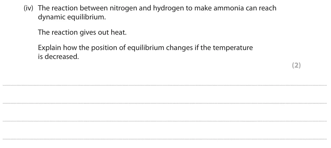 June 2023 Paper 1 Higher, question 5(a)(iv): The reaction between nitrogen and hydrogen to make ammonia can reach dynamic equilibrium. The reaction gives out heat. Explain how the position of equilibrium c