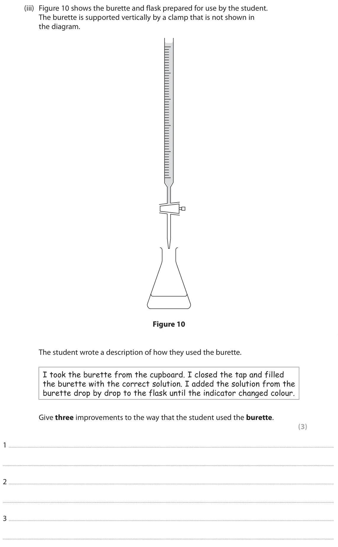 June 2023 Paper 1 Higher, question 7(b)(iii): Figure 10 shows the burette and flask prepared for use by the student. The burette is supported vertically by a clamp that is not shown in the diagram. Figure 1
