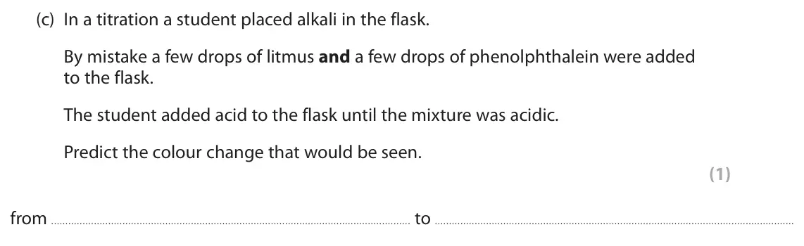 June 2023 Paper 1 Higher, question 7(c): In a titration a student placed alkali in the flask. By mistake a few drops of litmus and a few drops of phenolphthalein were added to the flask. The student ad