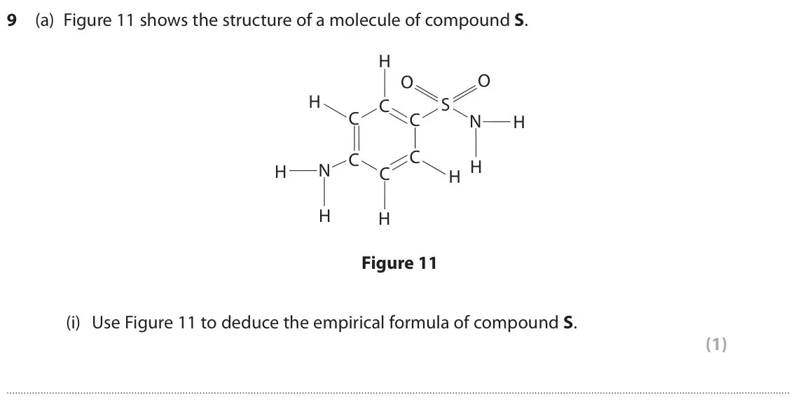 June 2023 Paper 1 Higher, question 9(a)(i): Use Figure 11 to deduce the empirical formula of compound S. (1)