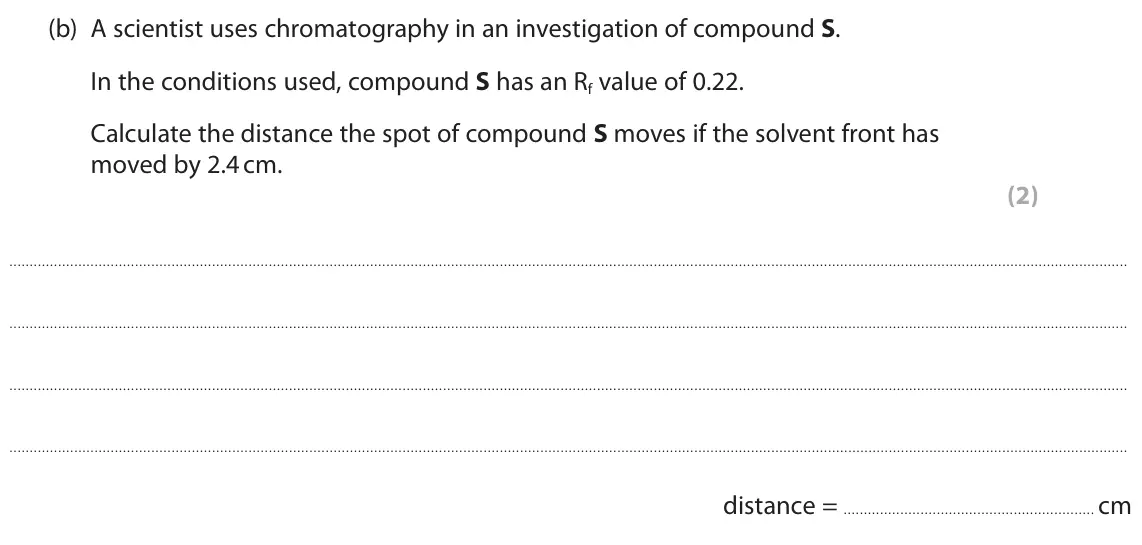 June 2023 Paper 1 Higher, question 9(b): A scientist uses chromatography in an investigation of compound S. In the conditions used, compound S has an Rf value of 0.22. Calculate the distance the spot o