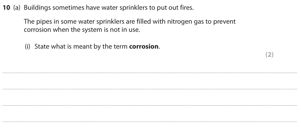 June 2023 Paper 1 Higher, question 10(a)(i): State what is meant by the term corrosion. (2)
