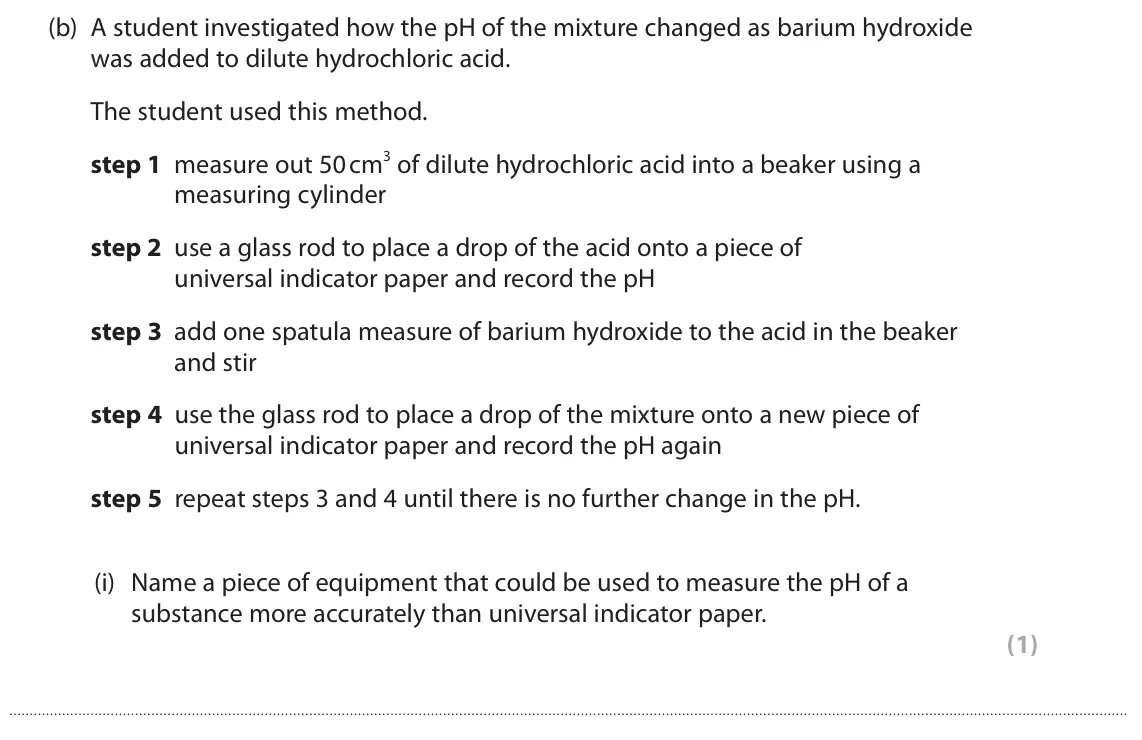 June 2024 Paper 1 Higher, question 2(b)(i): Name a piece of equipment that could be used to measure the pH of a substance more accurately than universal indicator paper. (1)