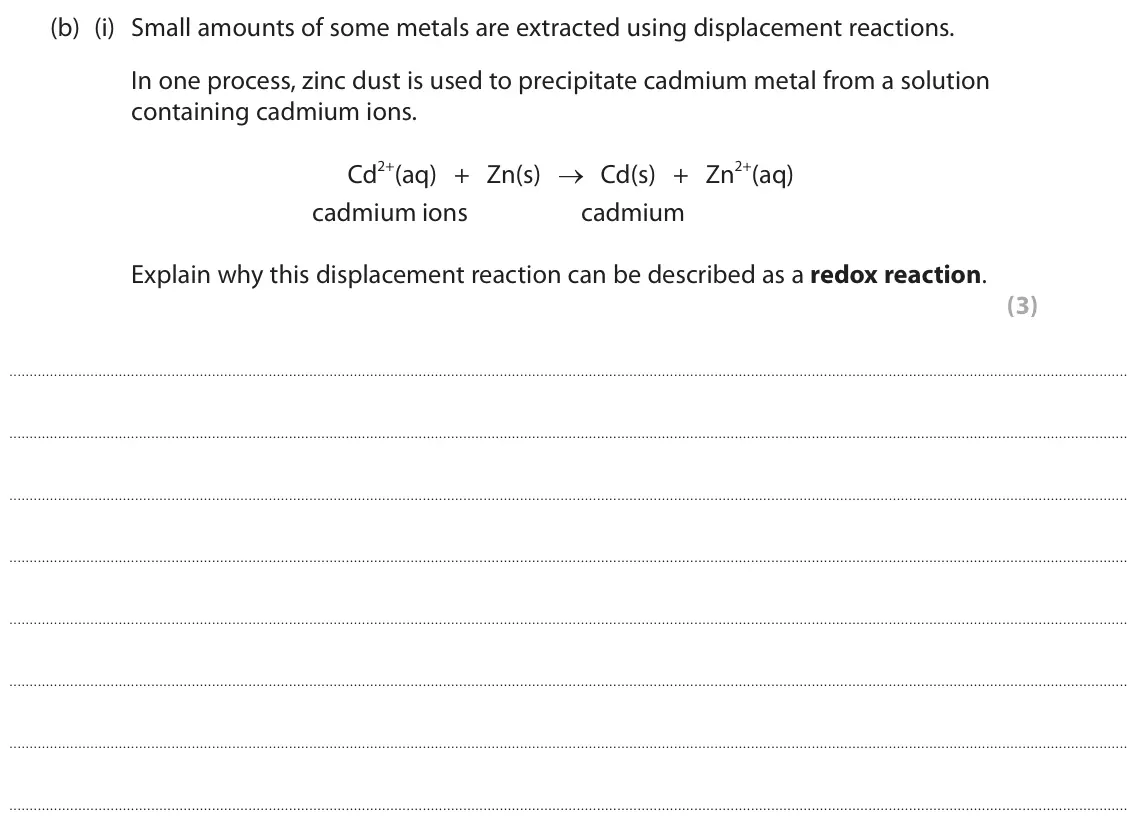 June 2024 Paper 1 Higher, question 5(b)(i): Small amounts of some metals are extracted using displacement reactions. In one process, zinc dust is used to precipitate cadmium metal from a solution containi