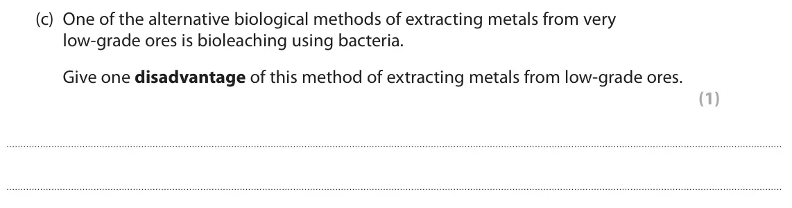 June 2024 Paper 1 Higher, question 5(c): One of the alternative biological methods of extracting metals from very low‑grade ores is bioleaching using bacteria. Give one disadvantage of this method of e