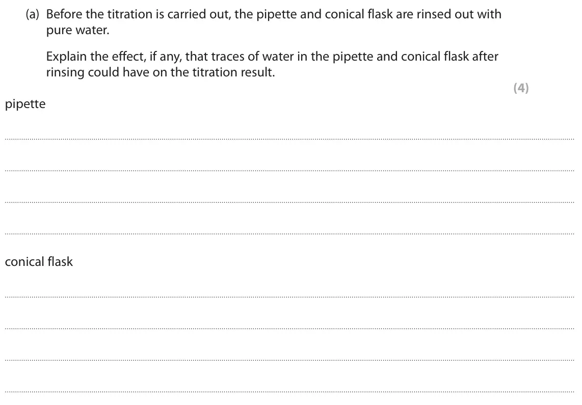 June 2024 Paper 1 Higher, question 6(a): Before the titration is carried out, the pipette and conical flask are rinsed out with pure water. Explain the effect, if any, that traces of water in the pipet