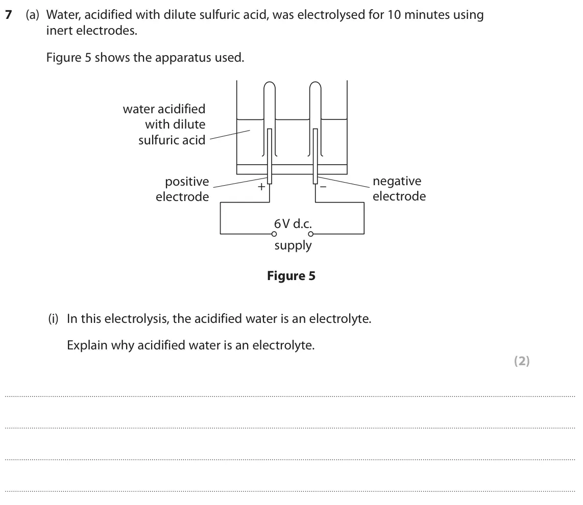 June 2024 Paper 1 Higher, question 7(a)(i): In this electrolysis, the acidified water is an electrolyte. Explain why acidified water is an electrolyte. (2)
