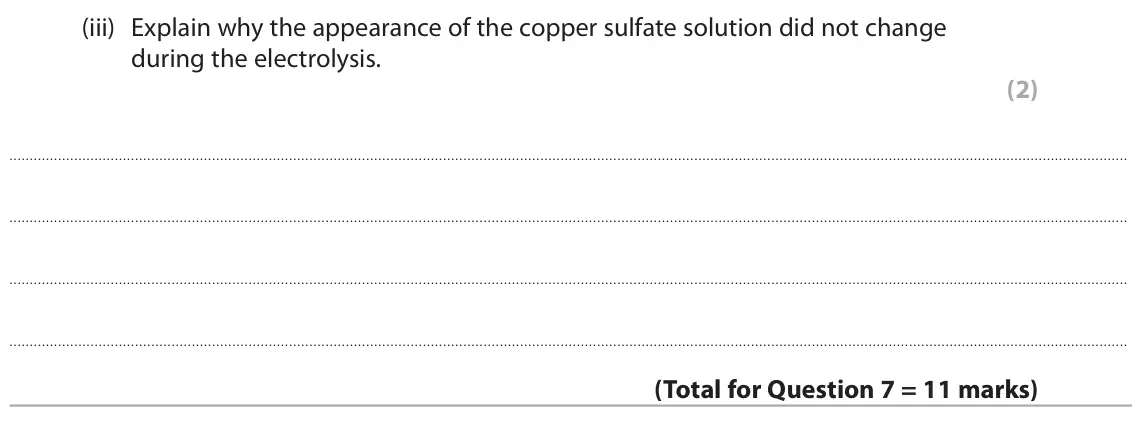 June 2024 Paper 1 Higher, question 7(b)(iii): Explain why the appearance of the copper sulfate solution did not change during the electrolysis. (2)