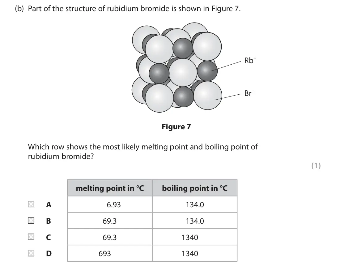 June 2024 Paper 1 Higher, question 8(b): Part of the structure of rubidium bromide is shown in Figure 7. Rb+ Br– Figure 7 Which row shows the most likely melting point and boiling point of rubidium bro