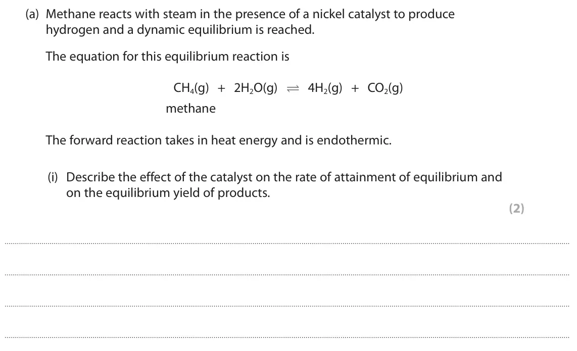 June 2024 Paper 1 Higher, question 10(a)(i): Describe the effect of the catalyst on the rate of attainment of equilibrium and on the equilibrium yield of products. (2)