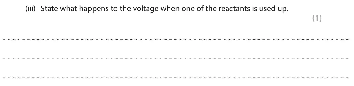 June 2025 Paper 1 Higher, question 1(a)(iii): State what happens to the voltage when one of the reactants is used up. (1)