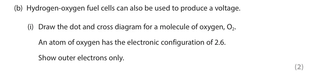 June 2025 Paper 1 Higher, question 1(b)(i): Draw the dot and cross diagram for a molecule of oxygen, O2. An atom of oxygen has the electronic configuration of 2.6. Show outer electrons only. (2)