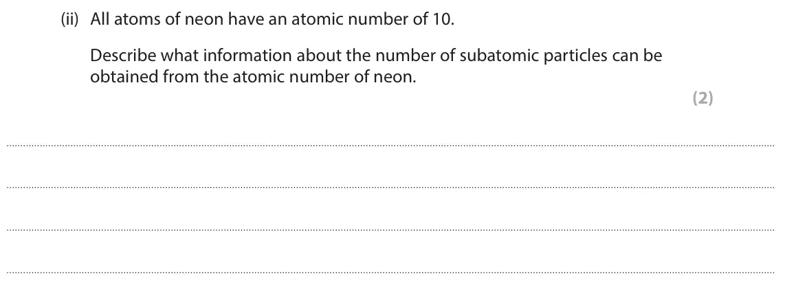 June 2025 Paper 1 Higher, question 2(a)(ii): All atoms of neon have an atomic number of 10. Describe what information about the number of subatomic particles can be obtained from the atomic number of neon.
