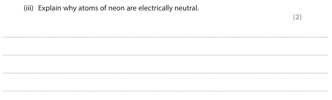 June 2025 Paper 1 Higher, question 2(a)(iii): Explain why atoms of neon are electrically neutral. (2)